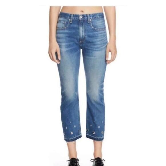 Rag & Bone Cropped Jeans Studded Grommet Straight Leg Eyelet Raw Hem Denim Sz 26 - Picture 1 of 11
